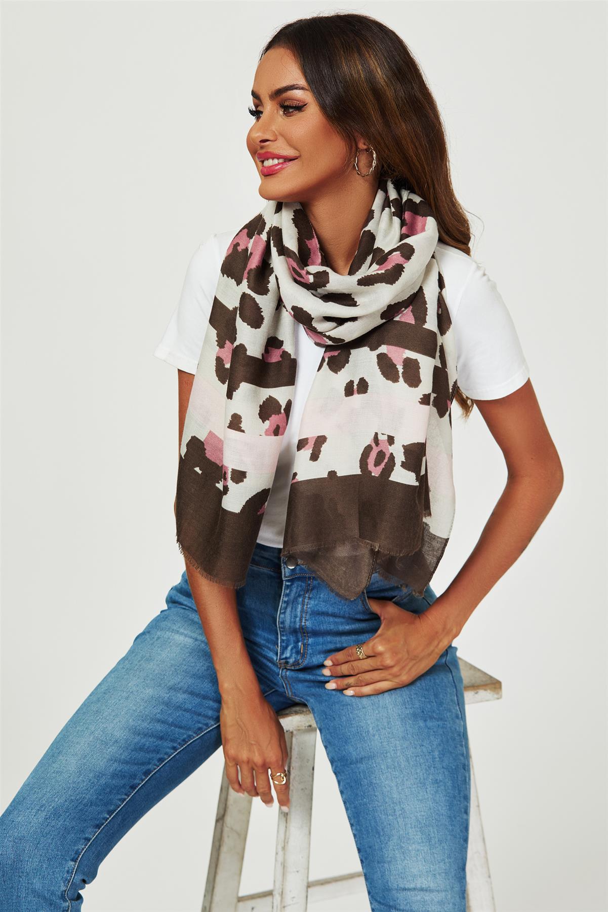 Leopard & Strip Print Fringed edges Scarf In Pink & Black - AXON