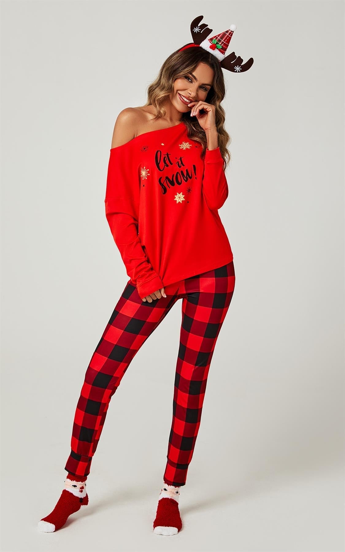 Let It Snow* Christmas Long Sleeve SweatShirt Top & Trousers Co Ord In Red - AXON