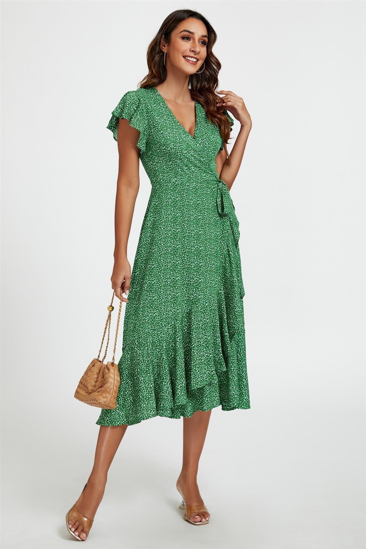 Little Floral Frill Sleeve Midi Wrap Dress In Green - AXON