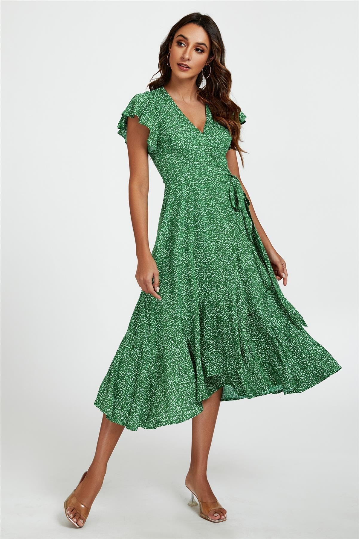 Little Floral Frill Sleeve Midi Wrap Dress In Green - AXON