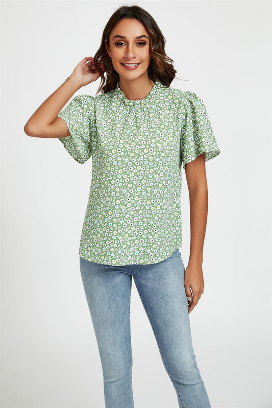 Little Floral Print Angle Sleeve High Neck Top/Blouse In Green - AXON