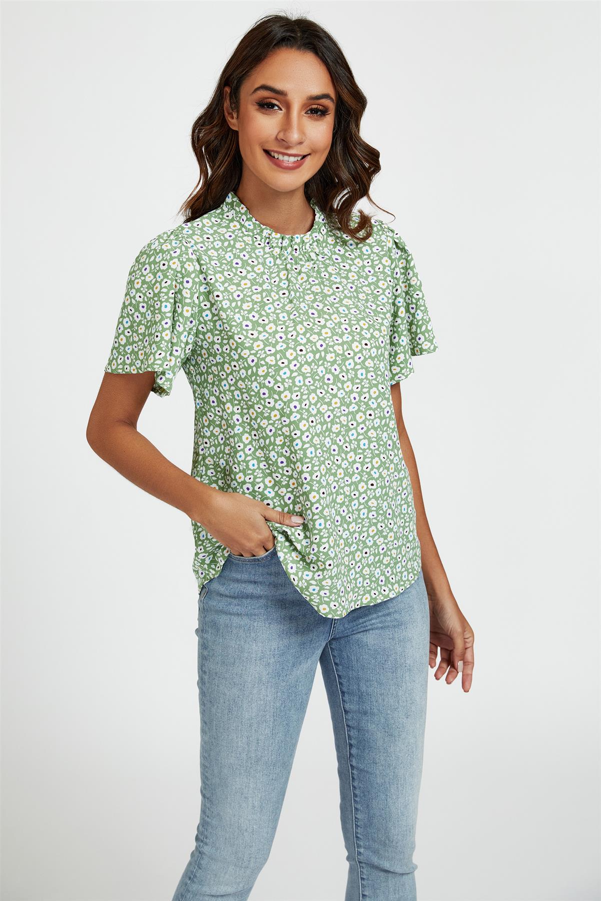 Little Floral Print Angle Sleeve High Neck Top/Blouse In Green - AXON