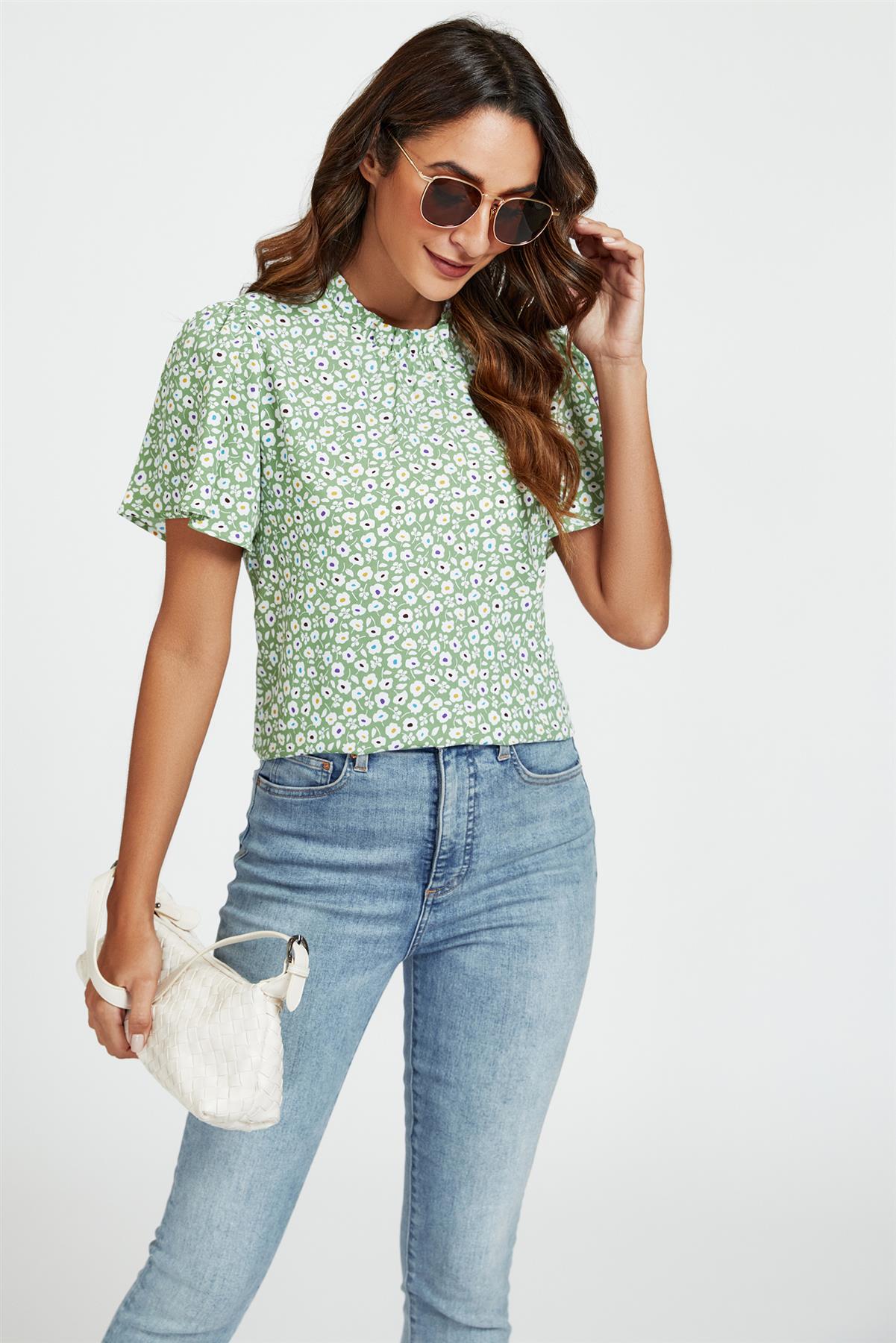 Little Floral Print Angle Sleeve High Neck Top/Blouse In Green - AXON