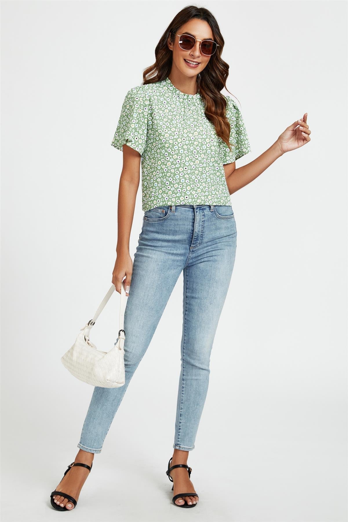 Little Floral Print Angle Sleeve High Neck Top/Blouse In Green - AXON