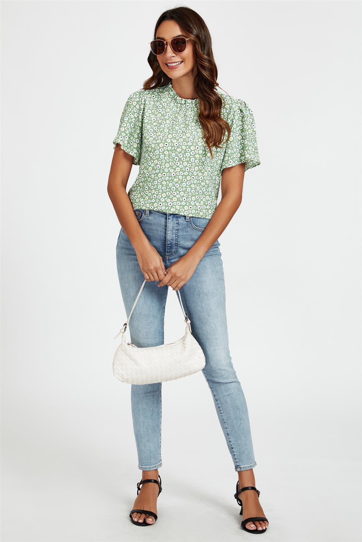 Little Floral Print Angle Sleeve High Neck Top/Blouse In Green - AXON