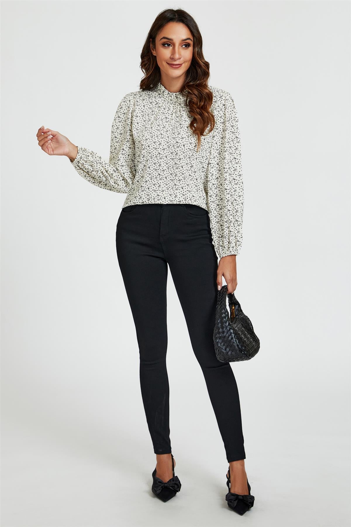 Little Floral Print Frill Detail High Neck Top In White - AXON