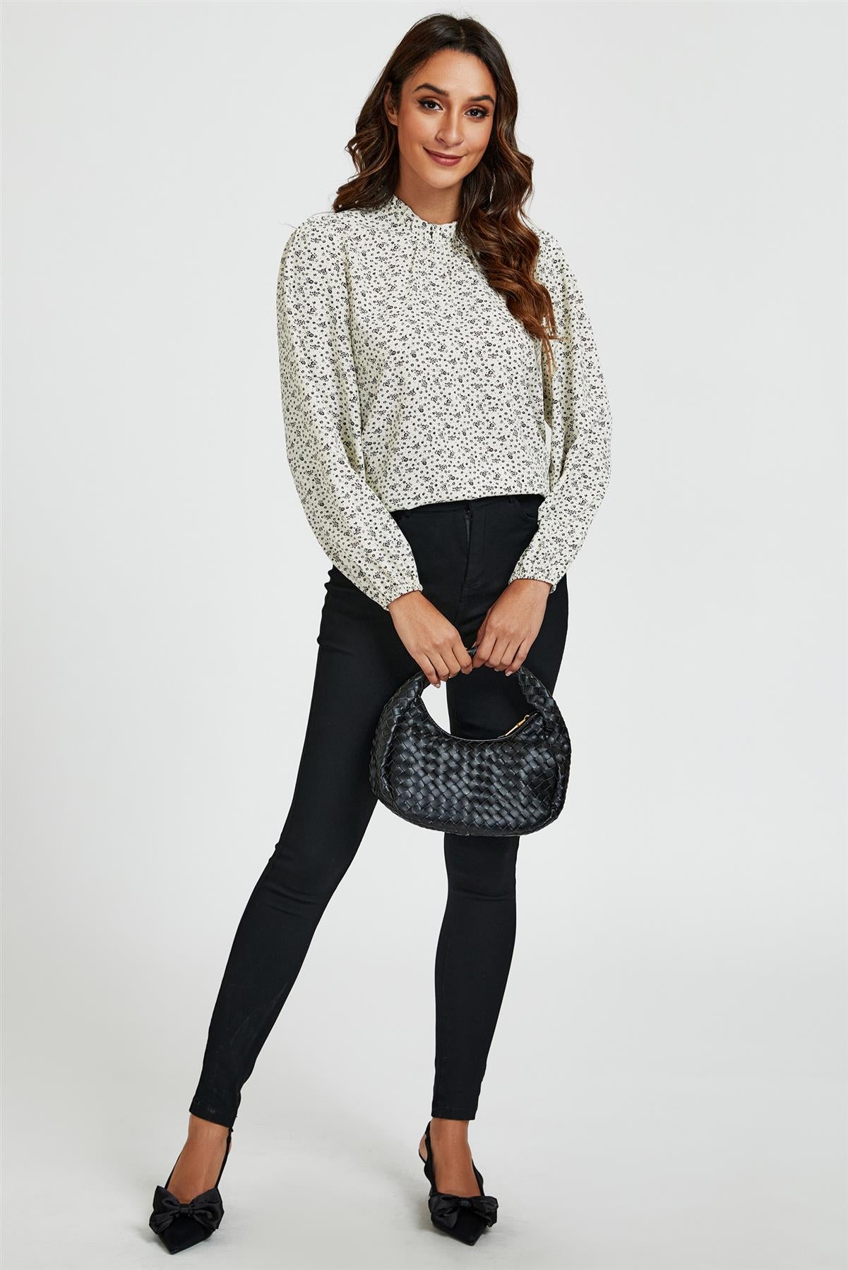 Little Floral Print Frill Detail High Neck Top In White - AXON