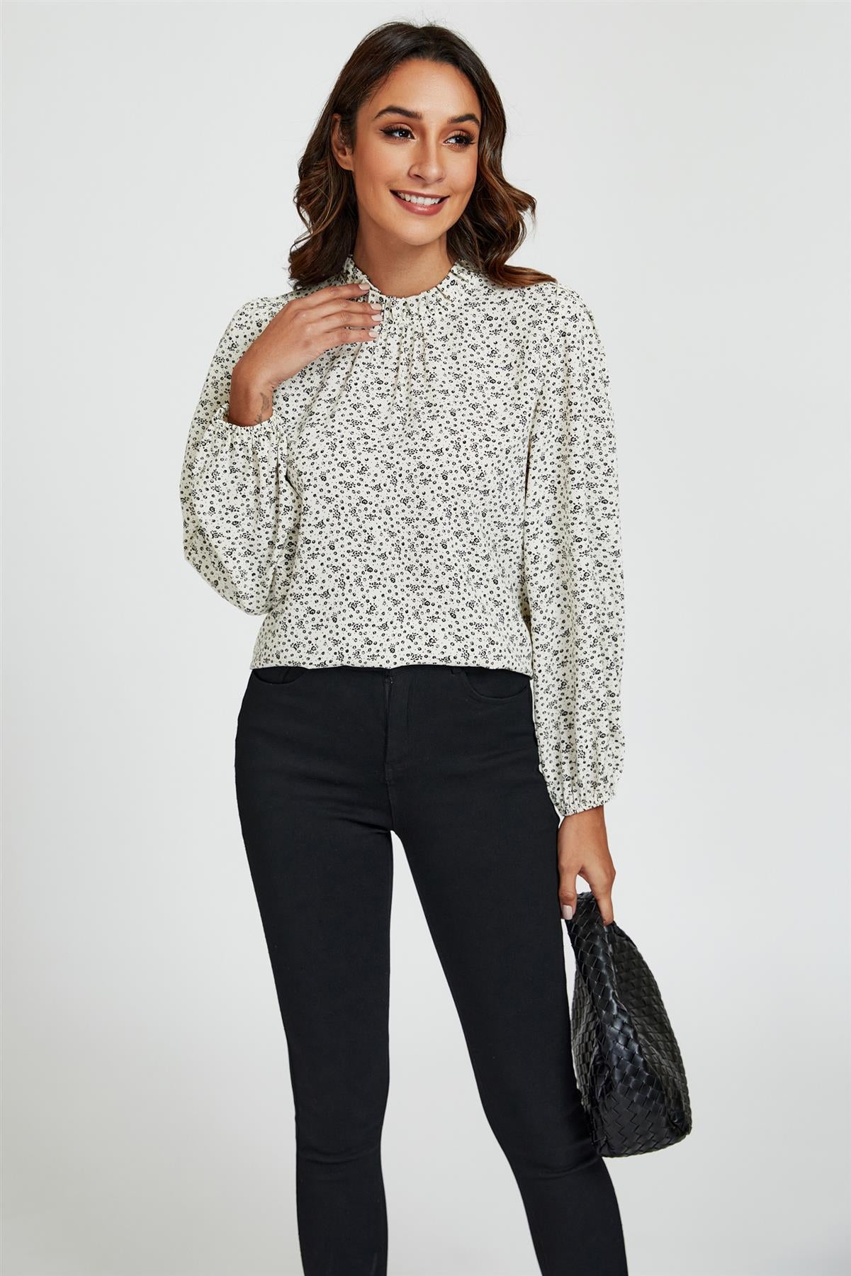 Little Floral Print Frill Detail High Neck Top In White - AXON