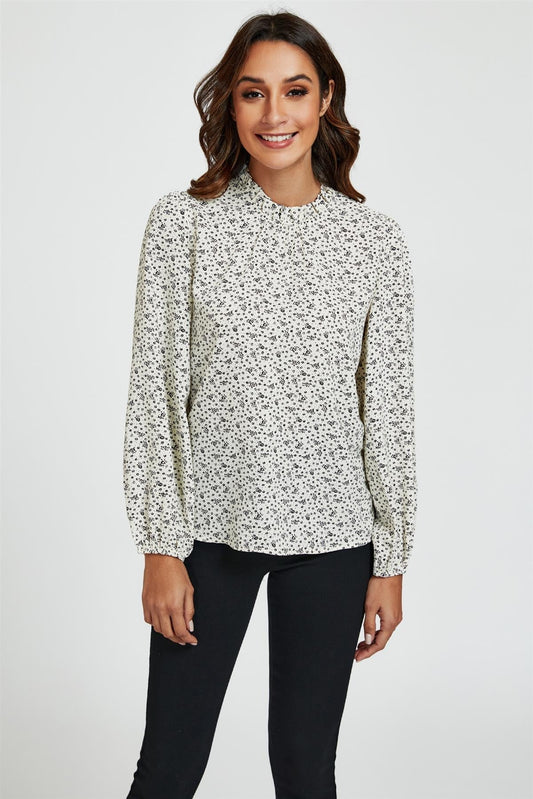 Little Floral Print Frill Detail High Neck Top In White - AXON