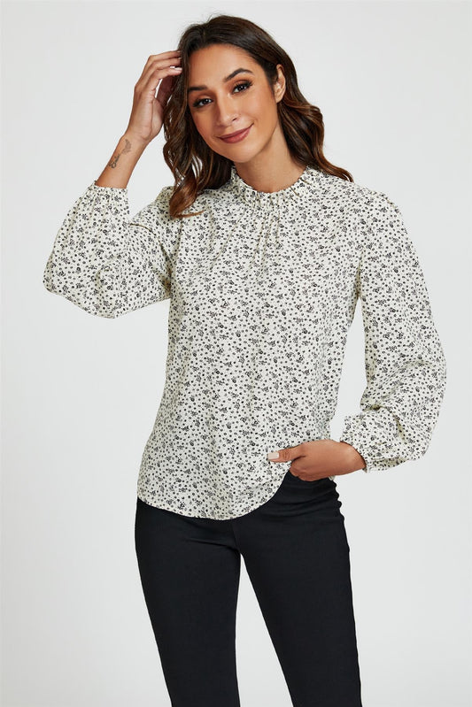 Little Floral Print Frill Detail High Neck Top In White - AXON