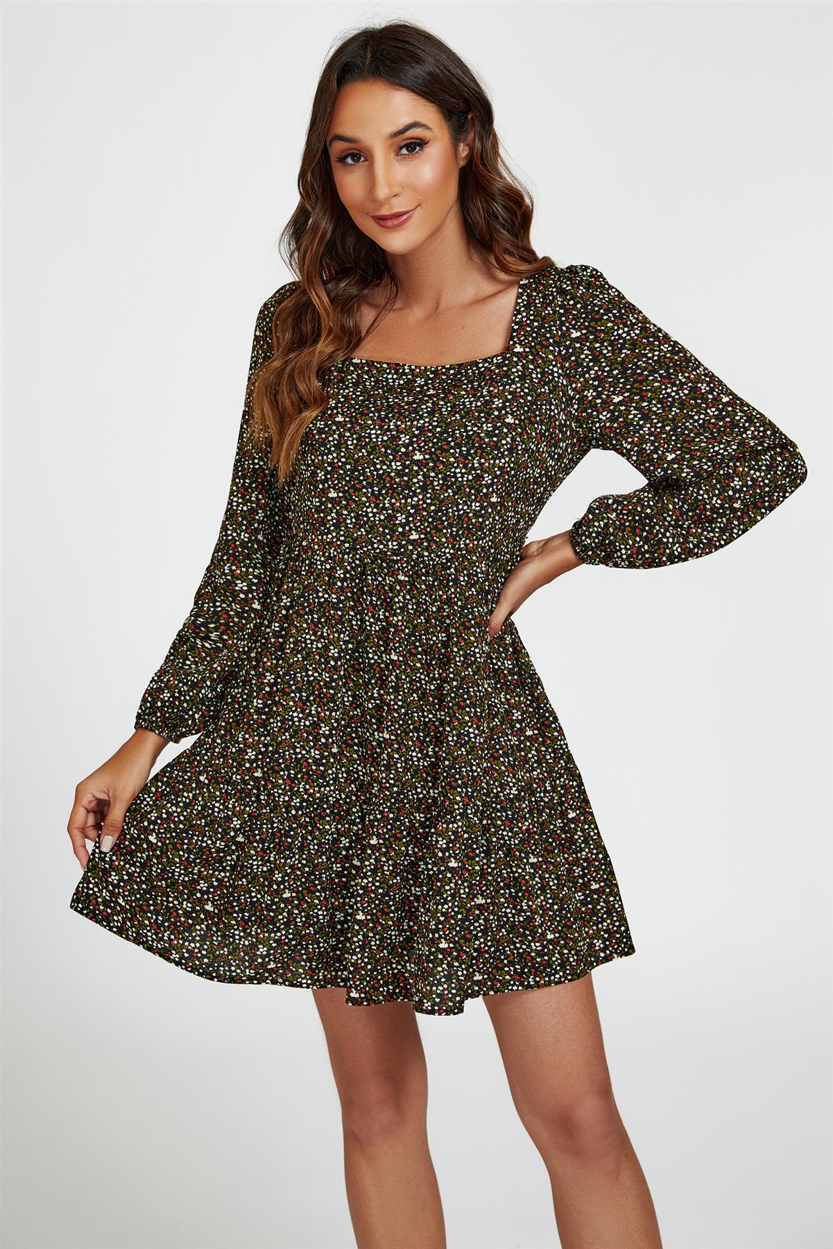 Little Floral Print Square Neck Mini Dress In Black - AXON