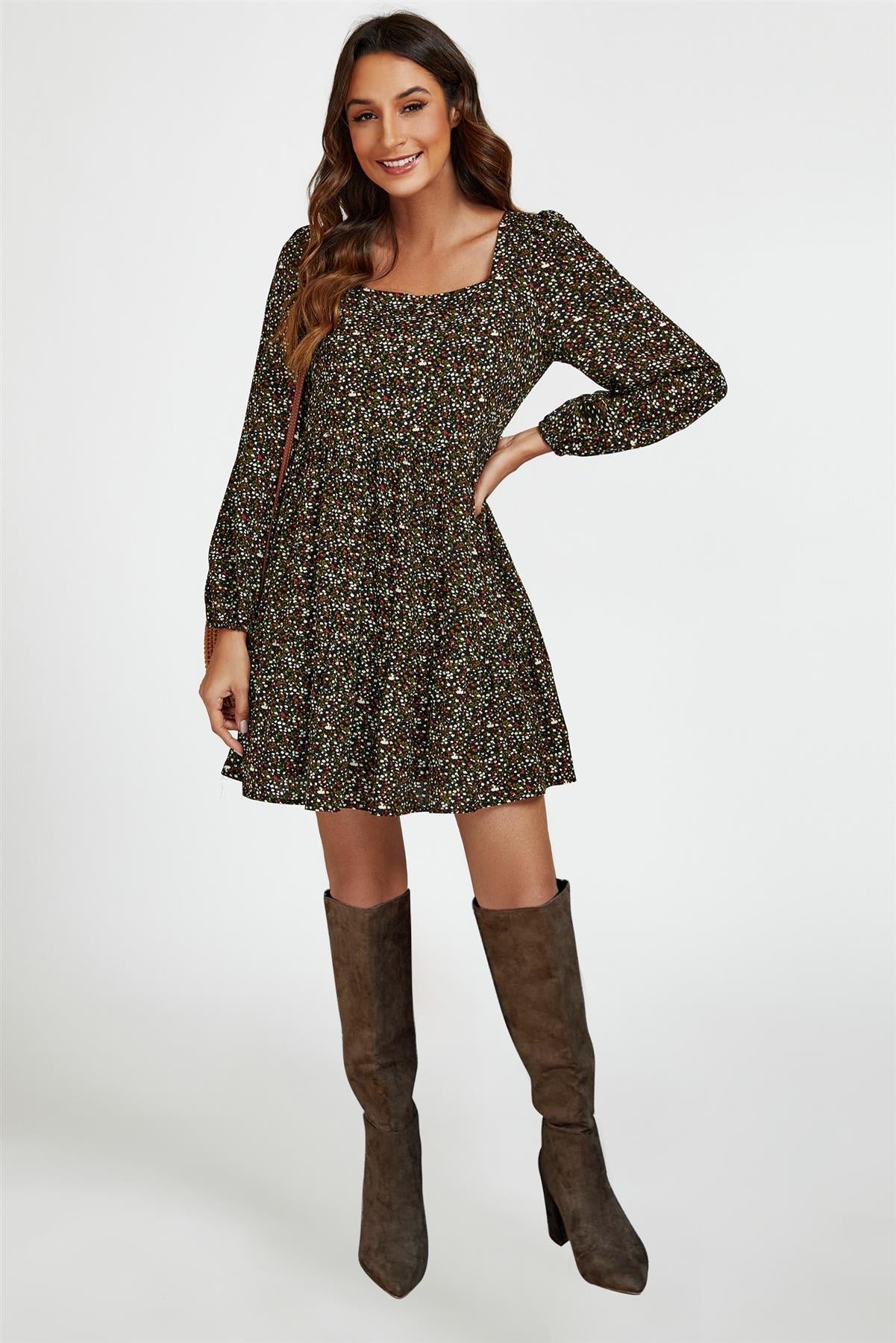 Little Floral Print Square Neck Mini Dress In Black - AXON