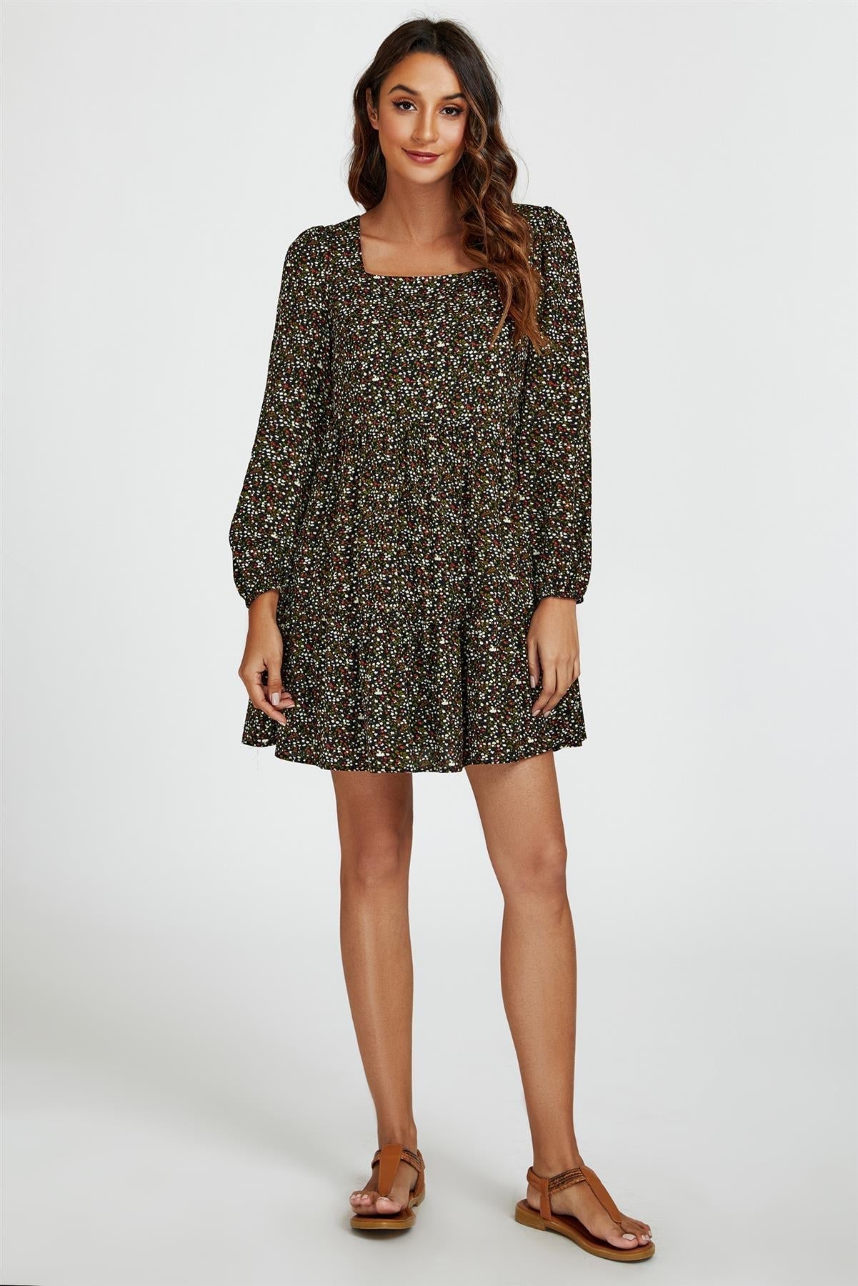 Little Floral Print Square Neck Mini Dress In Black - AXON