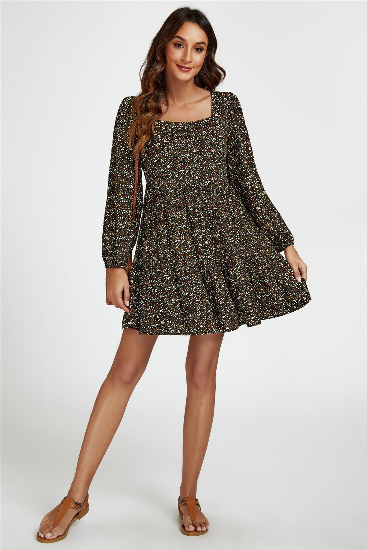 Little Floral Print Square Neck Mini Dress In Black - AXON