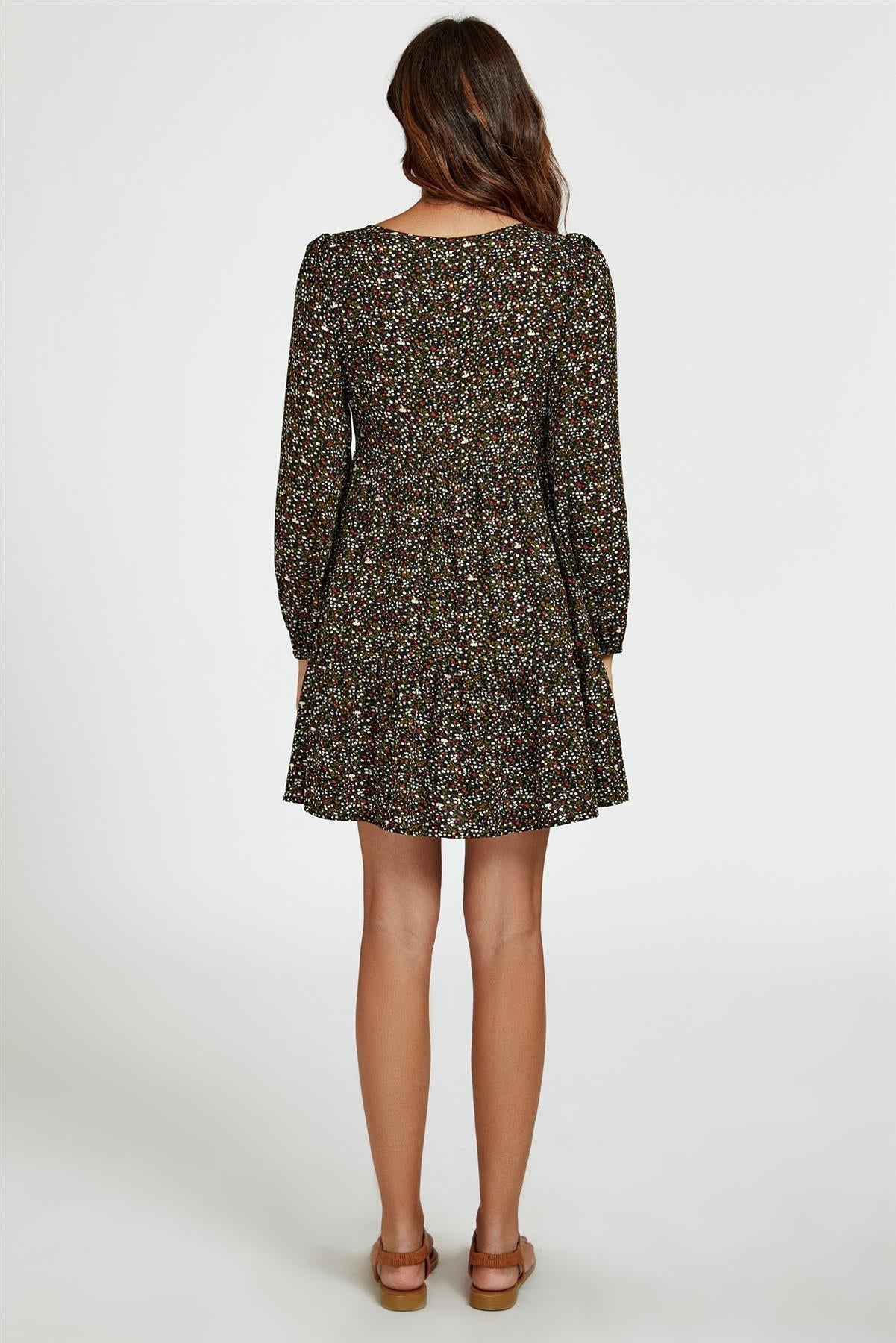 Little Floral Print Square Neck Mini Dress In Black - AXON
