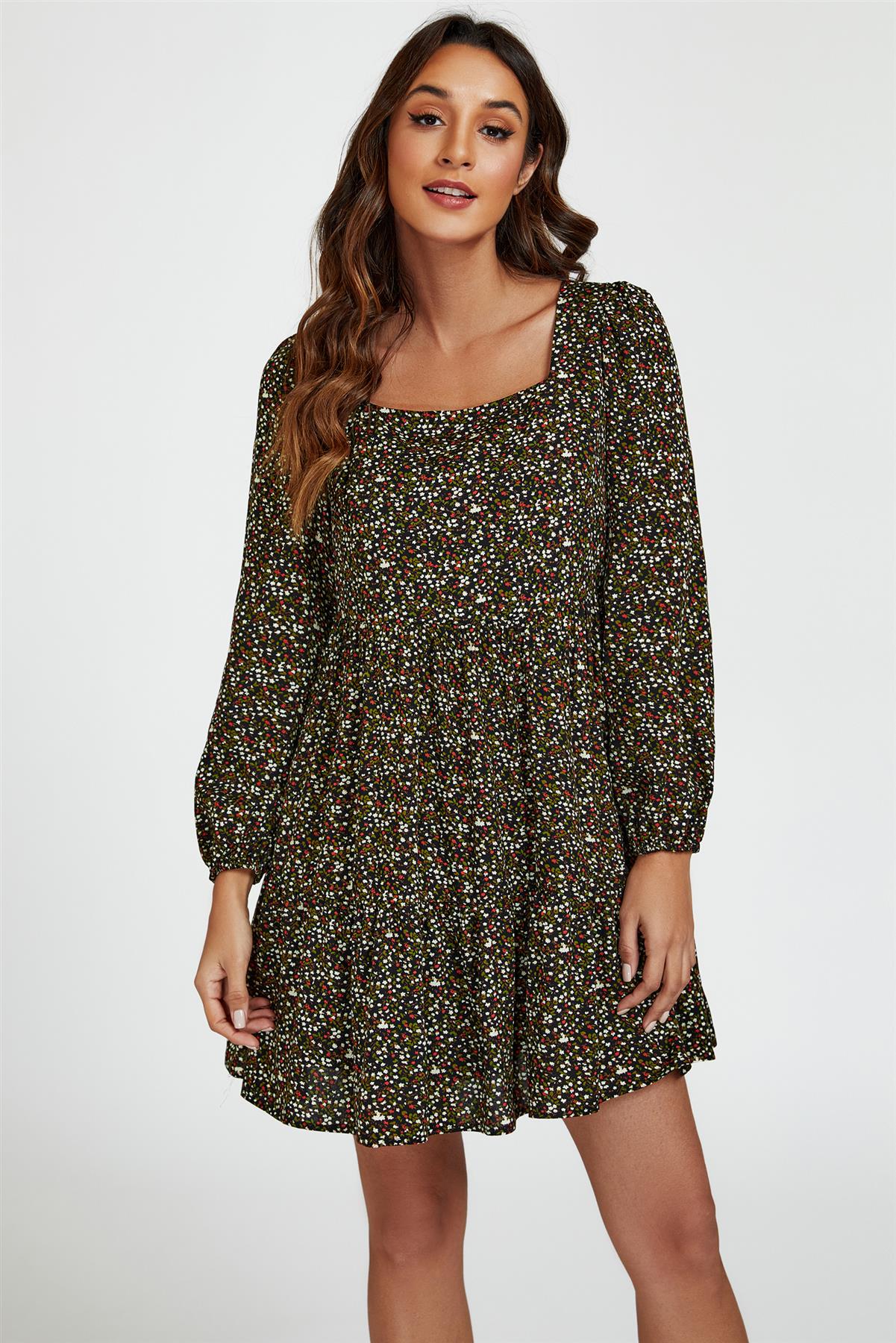 Little Floral Print Square Neck Mini Dress In Black - AXON