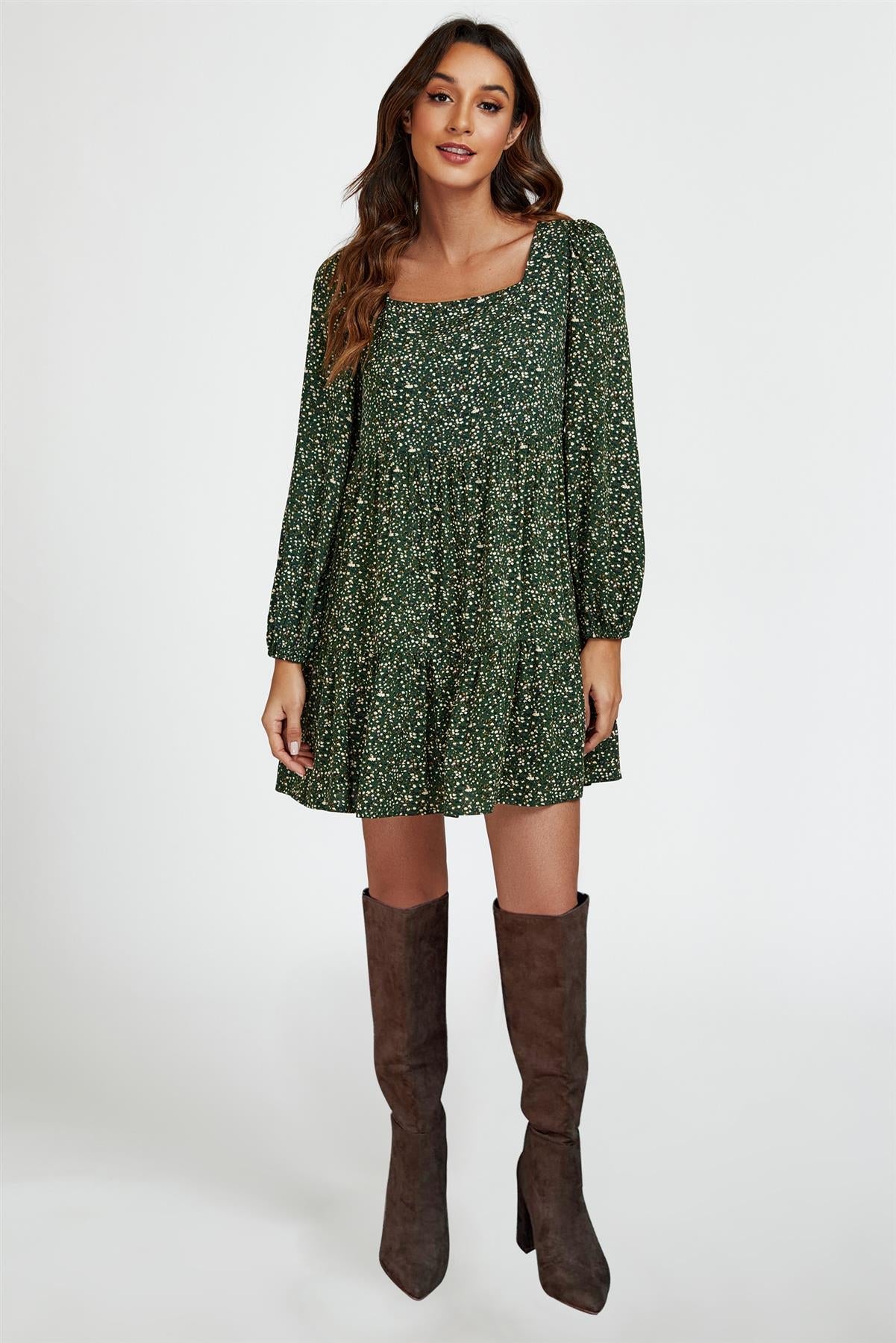 Little Floral Print Square Neck Mini Dress In Olive Green - AXON