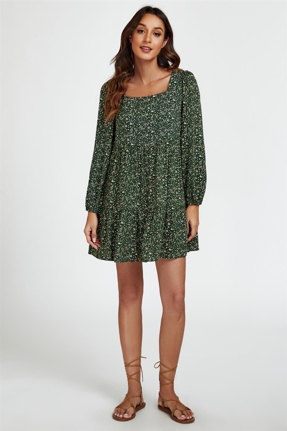 Little Floral Print Square Neck Mini Dress In Olive Green - AXON