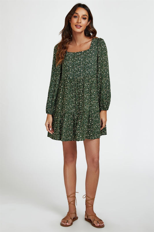 Little Floral Print Square Neck Mini Dress In Olive Green - AXON