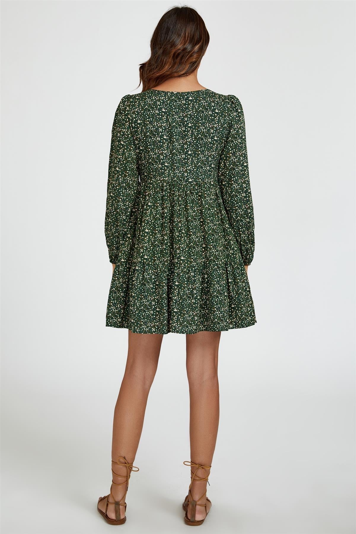 Little Floral Print Square Neck Mini Dress In Olive Green - AXON
