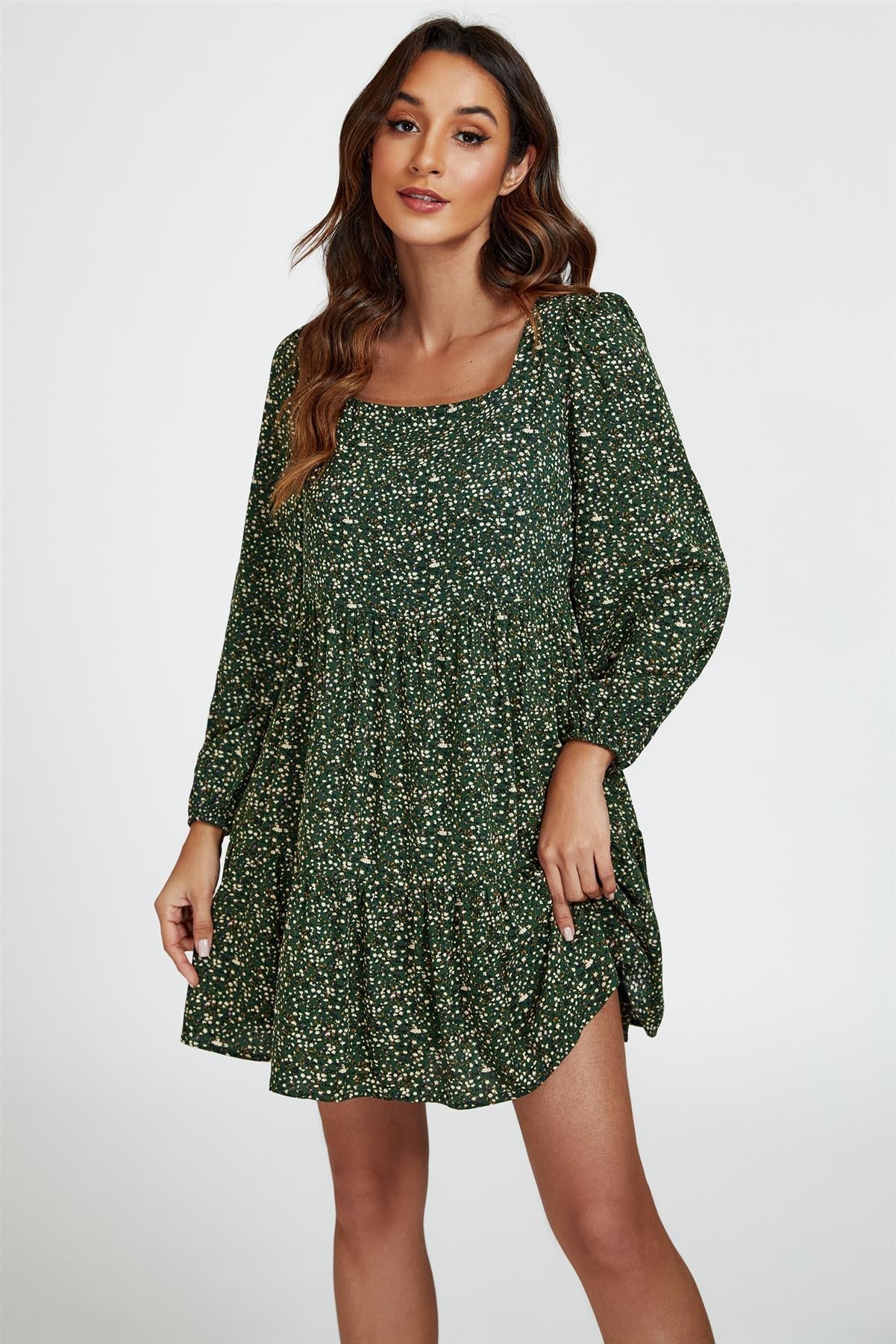 Little Floral Print Square Neck Mini Dress In Olive Green - AXON