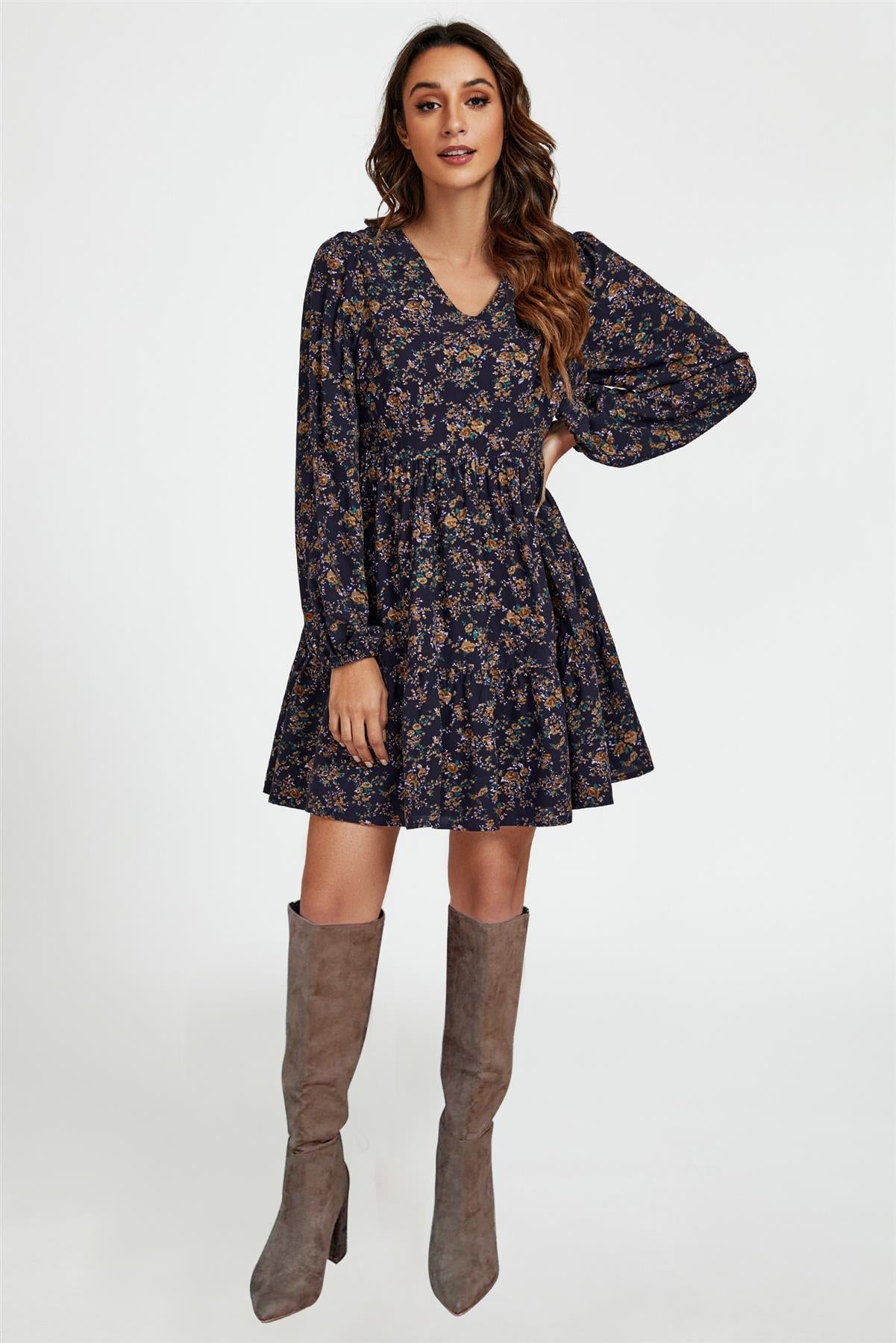 Little Floral Print V Neck Mini Dress In Navy - AXON