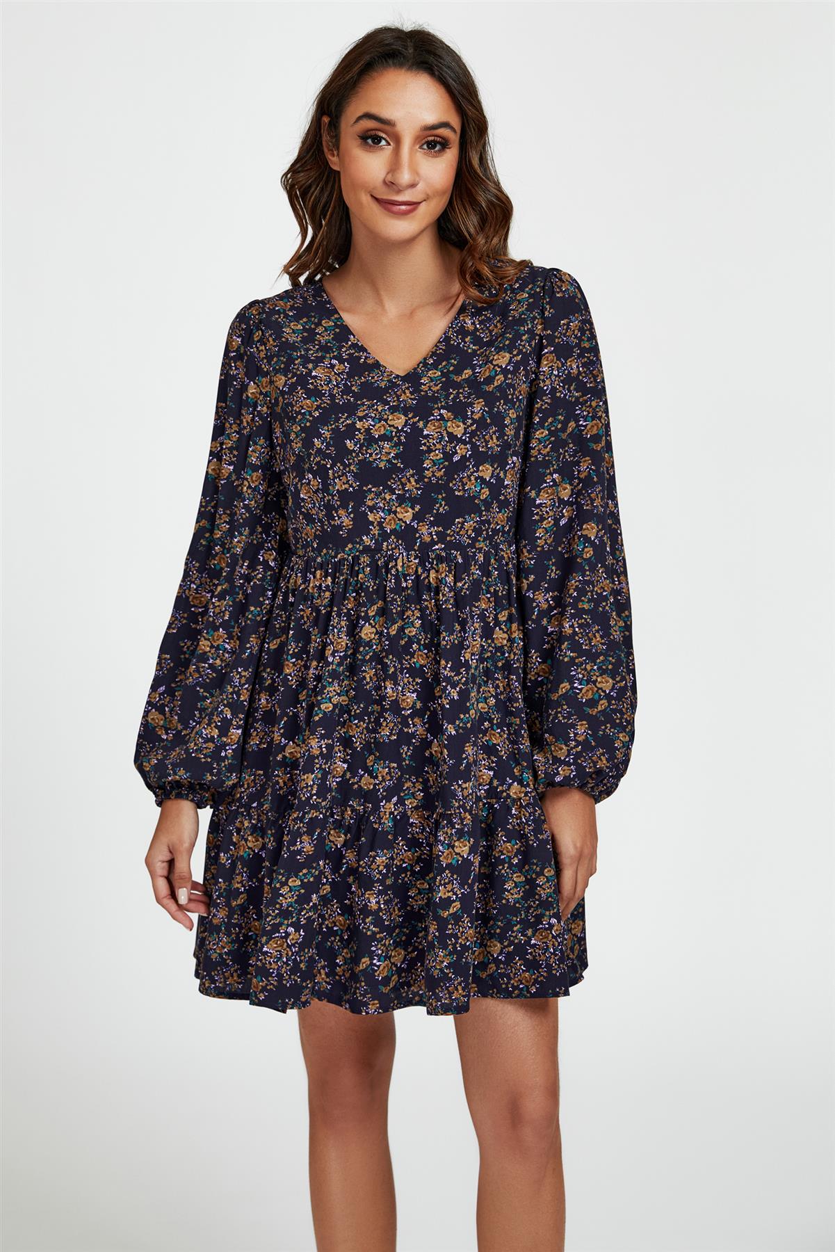 Little Floral Print V Neck Mini Dress In Navy - AXON