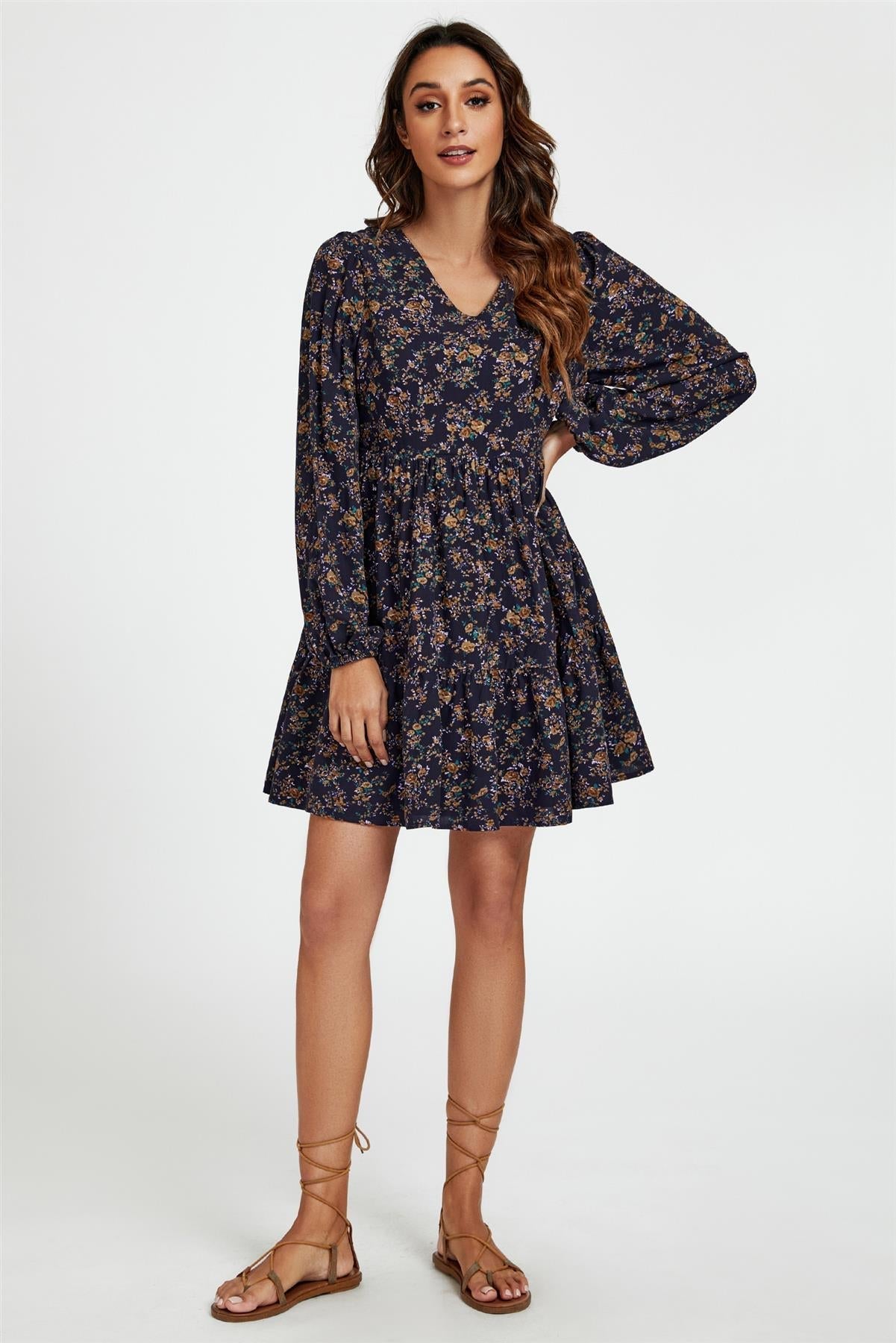Little Floral Print V Neck Mini Dress In Navy - AXON