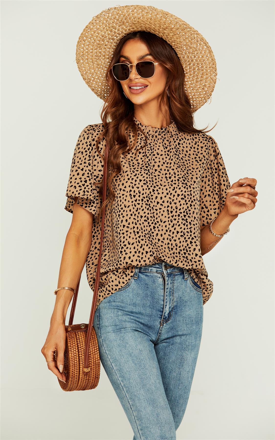 Little Heart Print Angle Sleeve High Neck Top/Blouse In Beige - AXON
