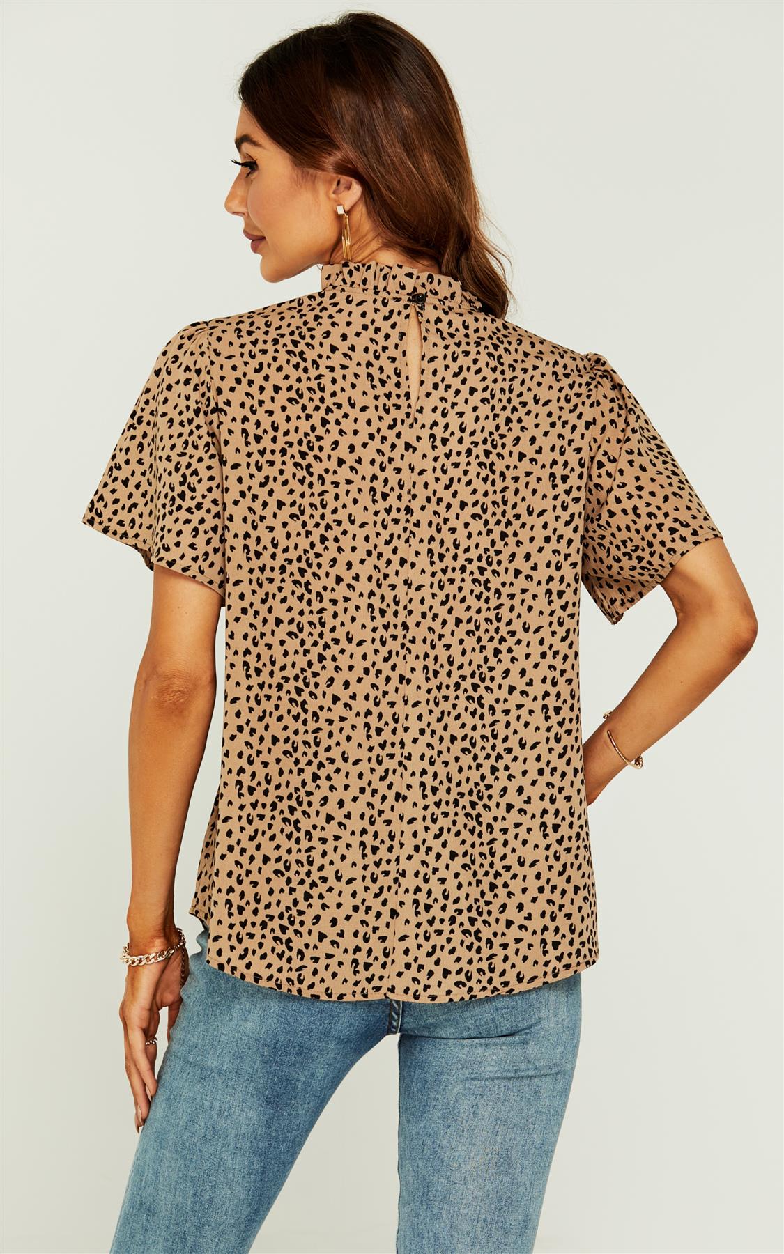 Little Heart Print Angle Sleeve High Neck Top/Blouse In Beige - AXON