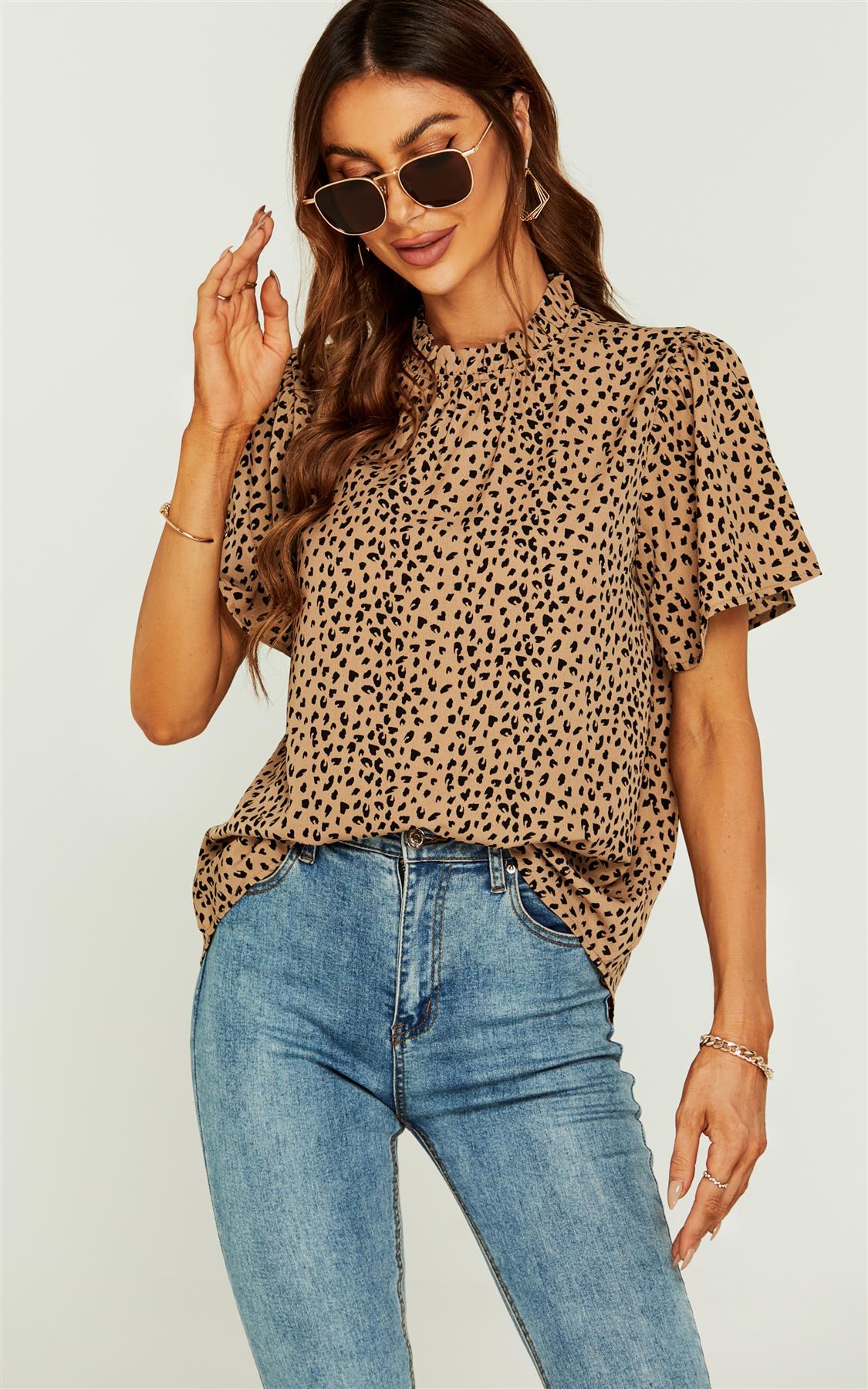 Little Heart Print Angle Sleeve High Neck Top/Blouse In Beige - AXON