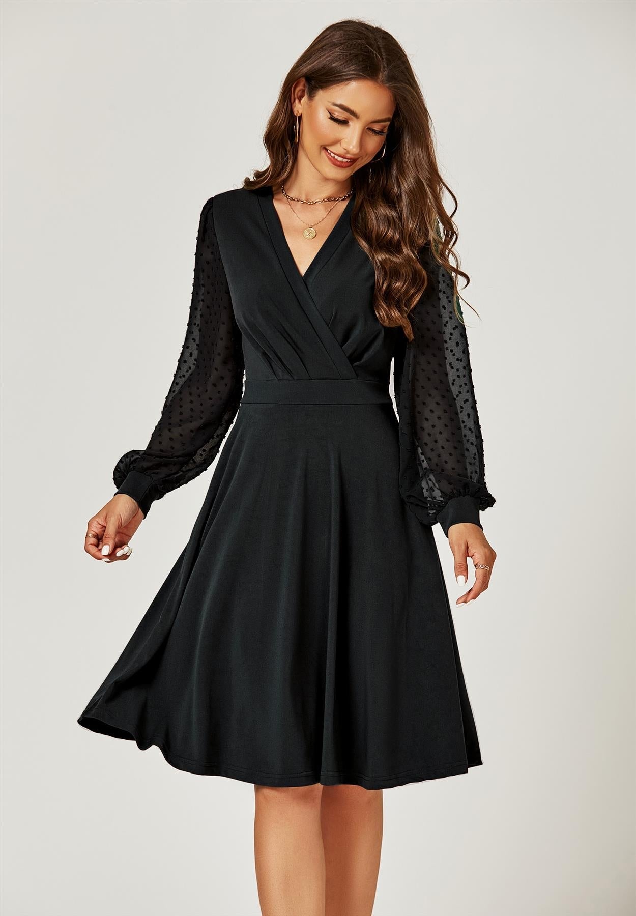 Long Chiffon Sleeve Pleated Midi Dress In Black - AXON