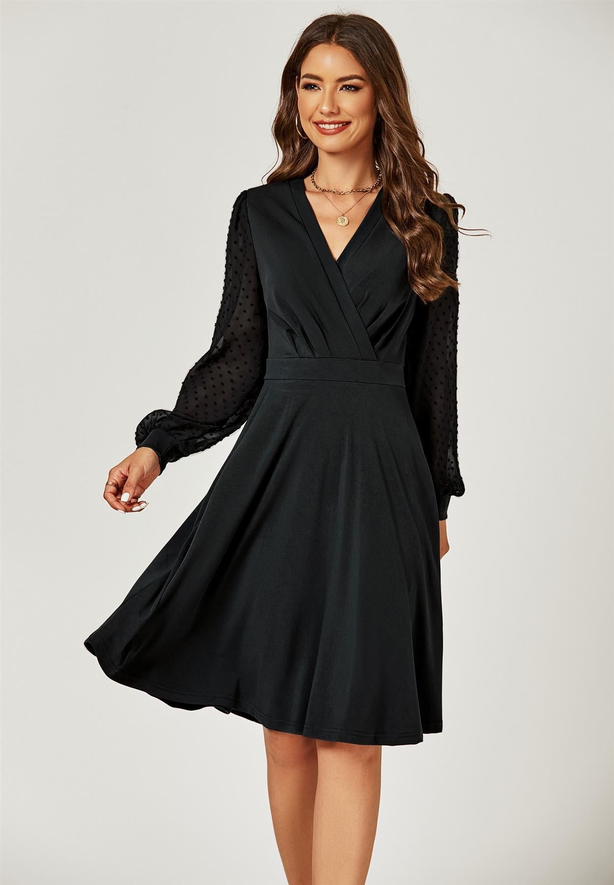 Long Chiffon Sleeve Pleated Midi Dress In Black - AXON