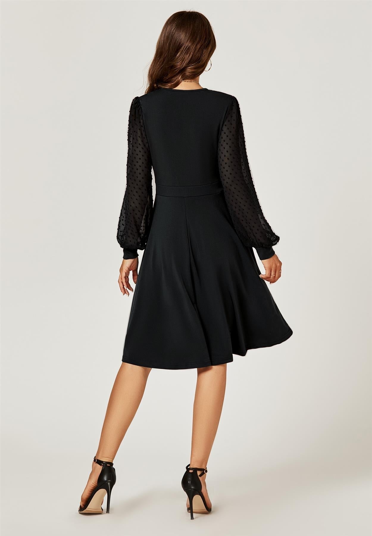 Long Chiffon Sleeve Pleated Midi Dress In Black - AXON