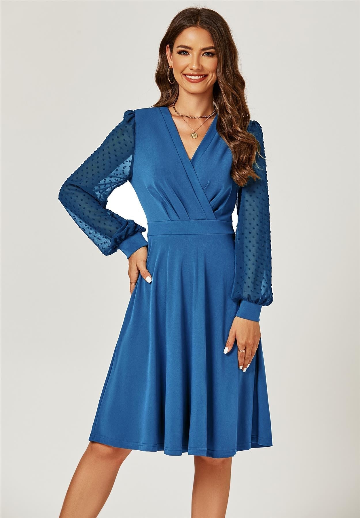 Long Chiffon Sleeve Pleated Midi Dress In Blue - AXON