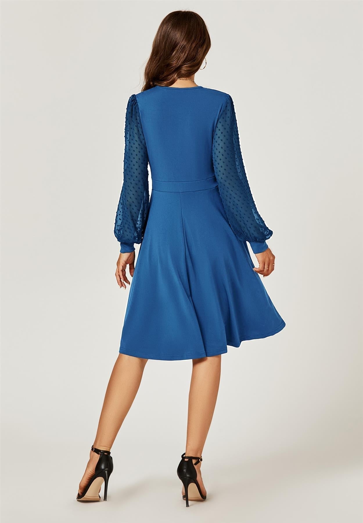 Long Chiffon Sleeve Pleated Midi Dress In Blue - AXON