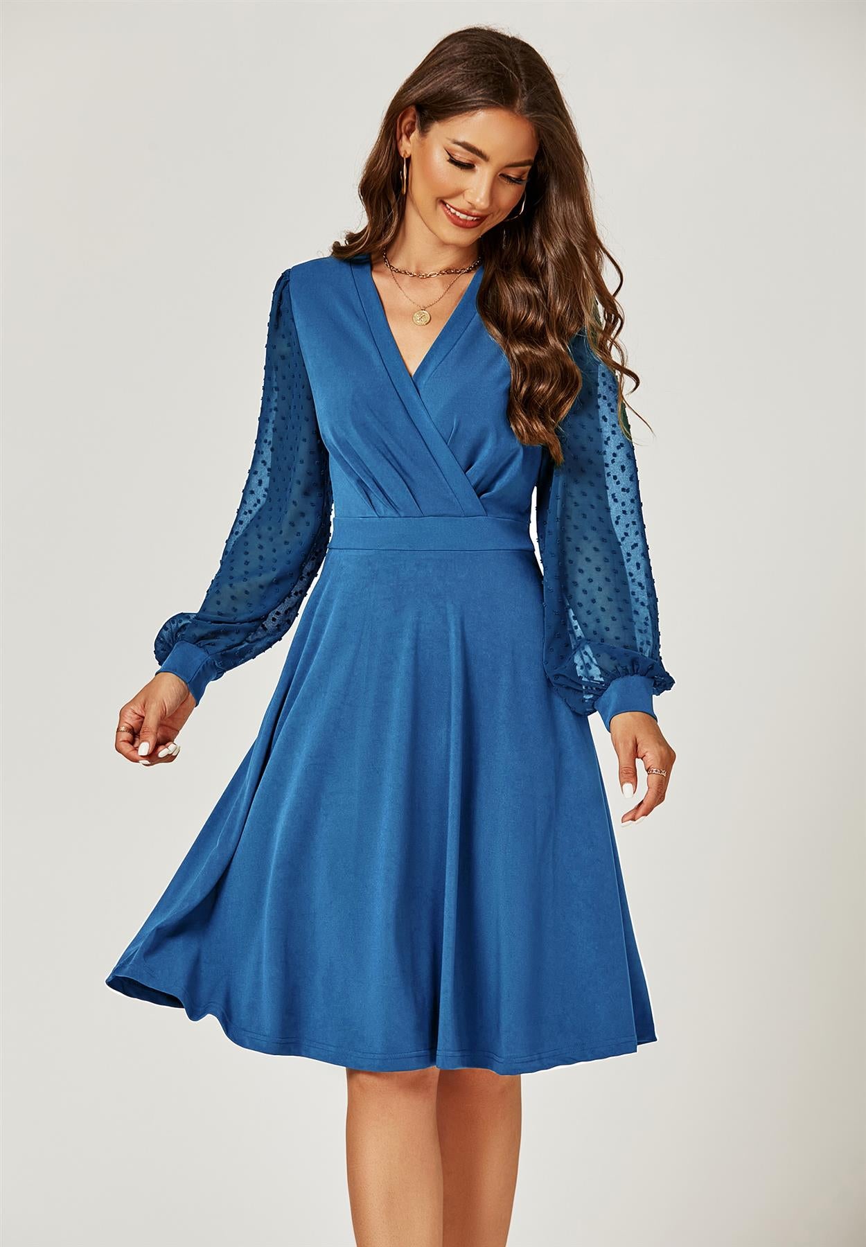 Long Chiffon Sleeve Pleated Midi Dress In Blue - AXON