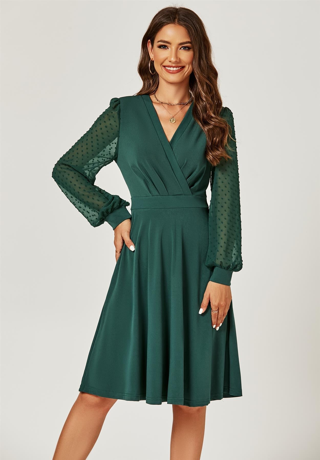 Long Chiffon Sleeve Pleated Midi Dress In Dark Green - AXON