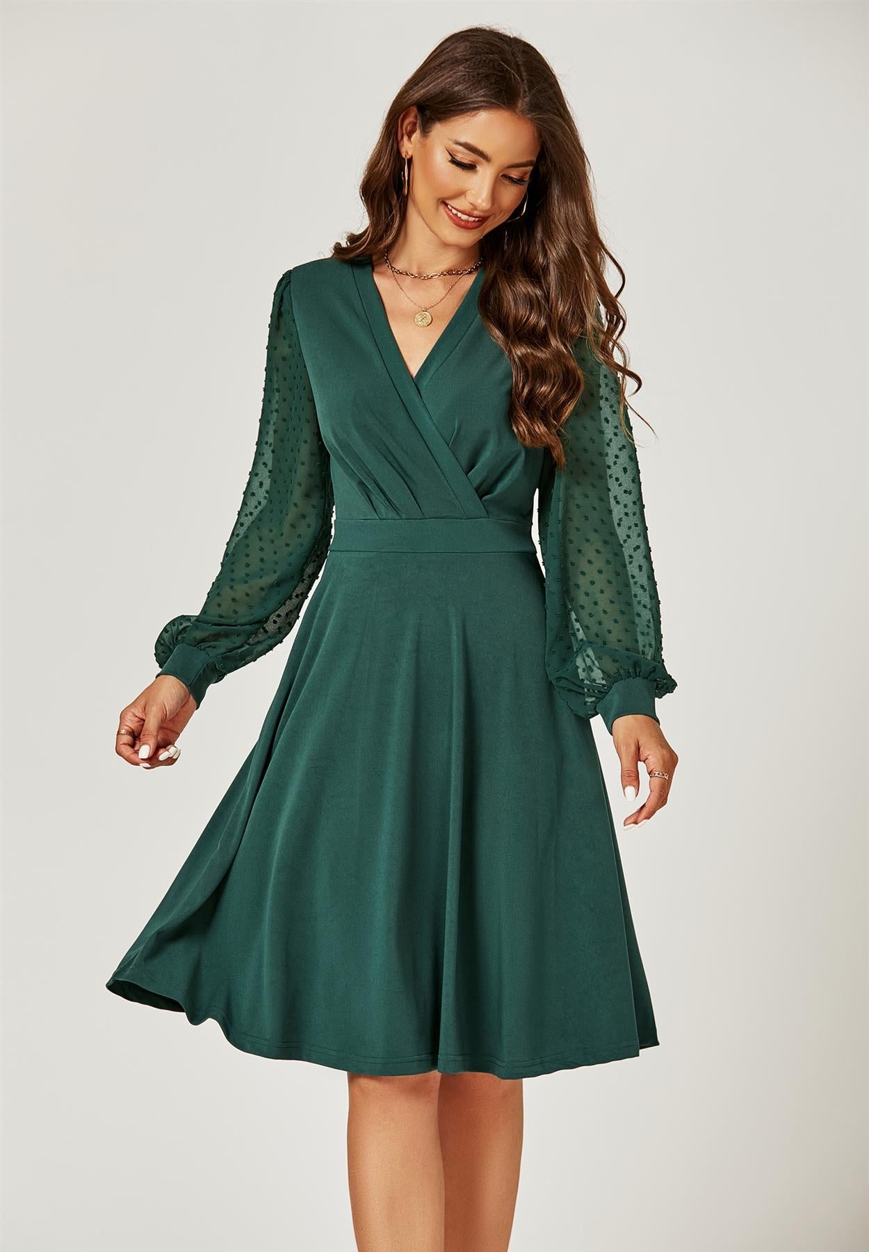Long Chiffon Sleeve Pleated Midi Dress In Dark Green - AXON