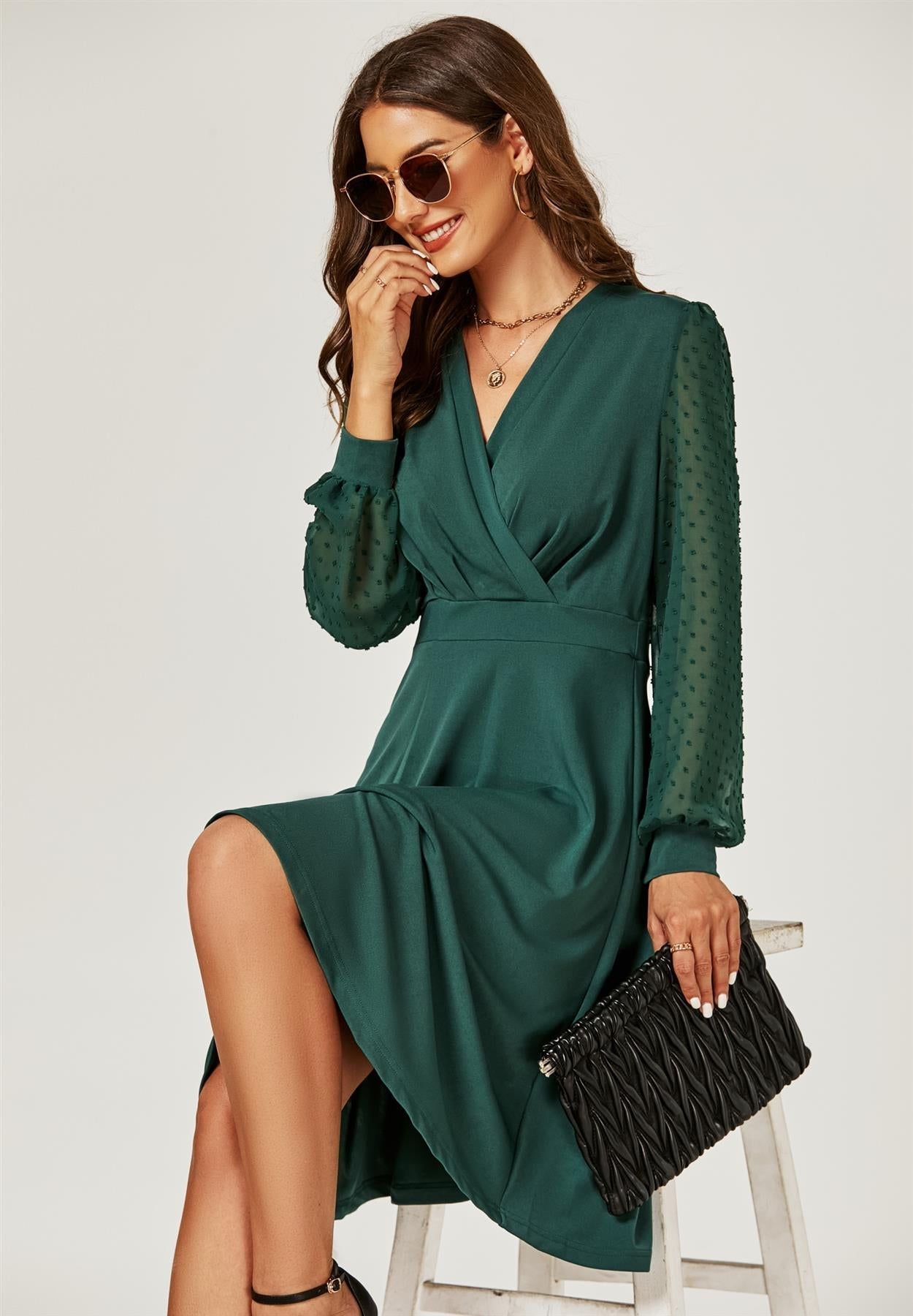Long Chiffon Sleeve Pleated Midi Dress In Dark Green - AXON