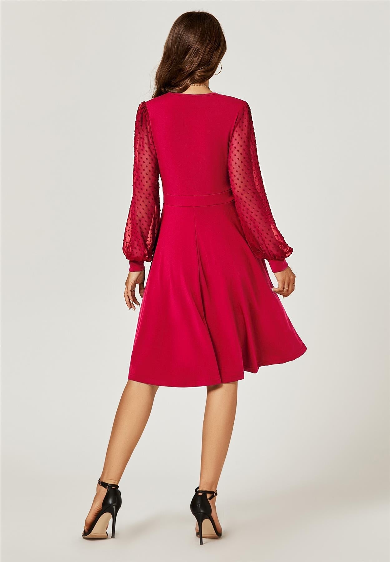 Long Chiffon Sleeve Pleated Midi Dress In Wine - AXON