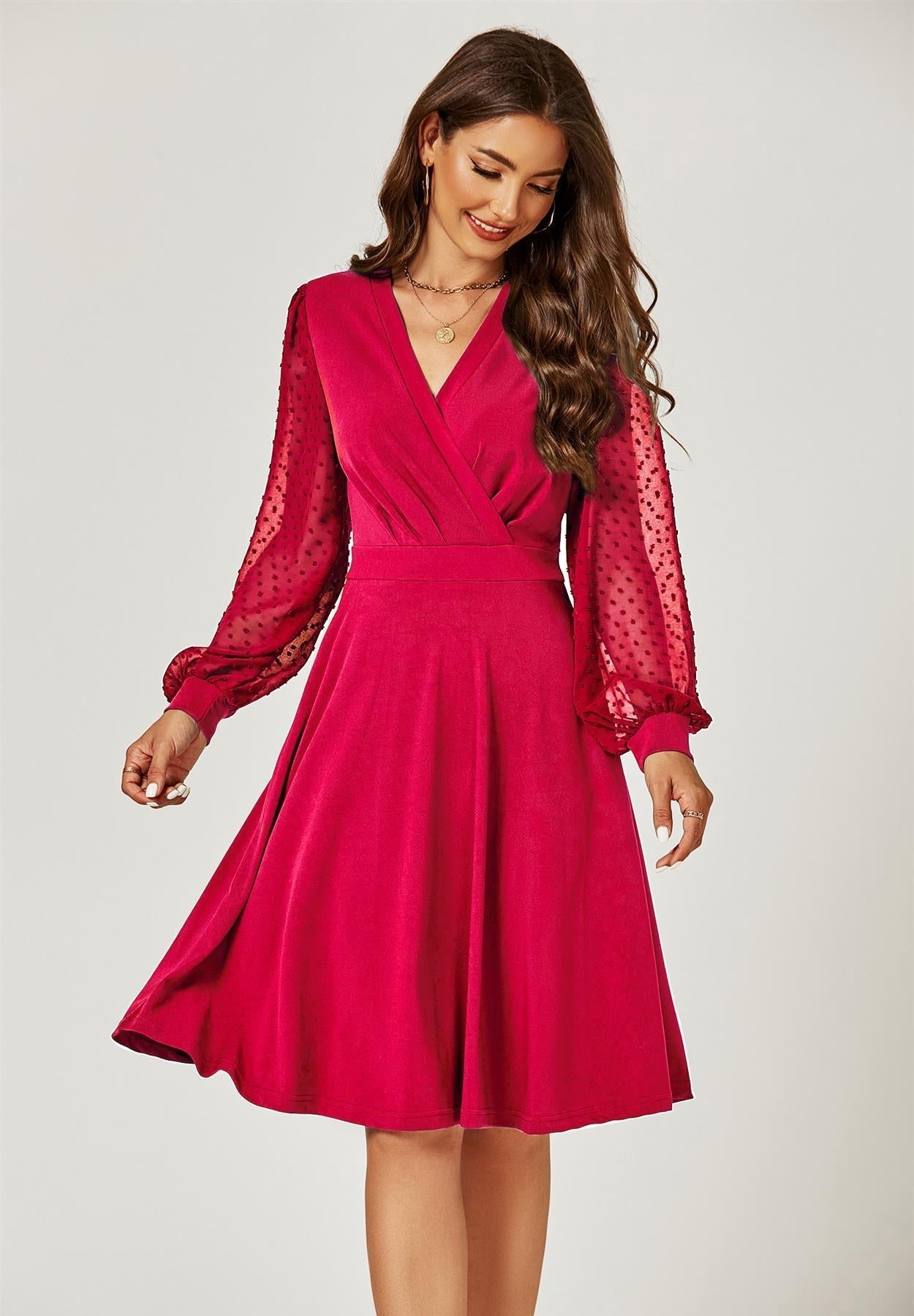 Long Chiffon Sleeve Pleated Midi Dress In Wine - AXON
