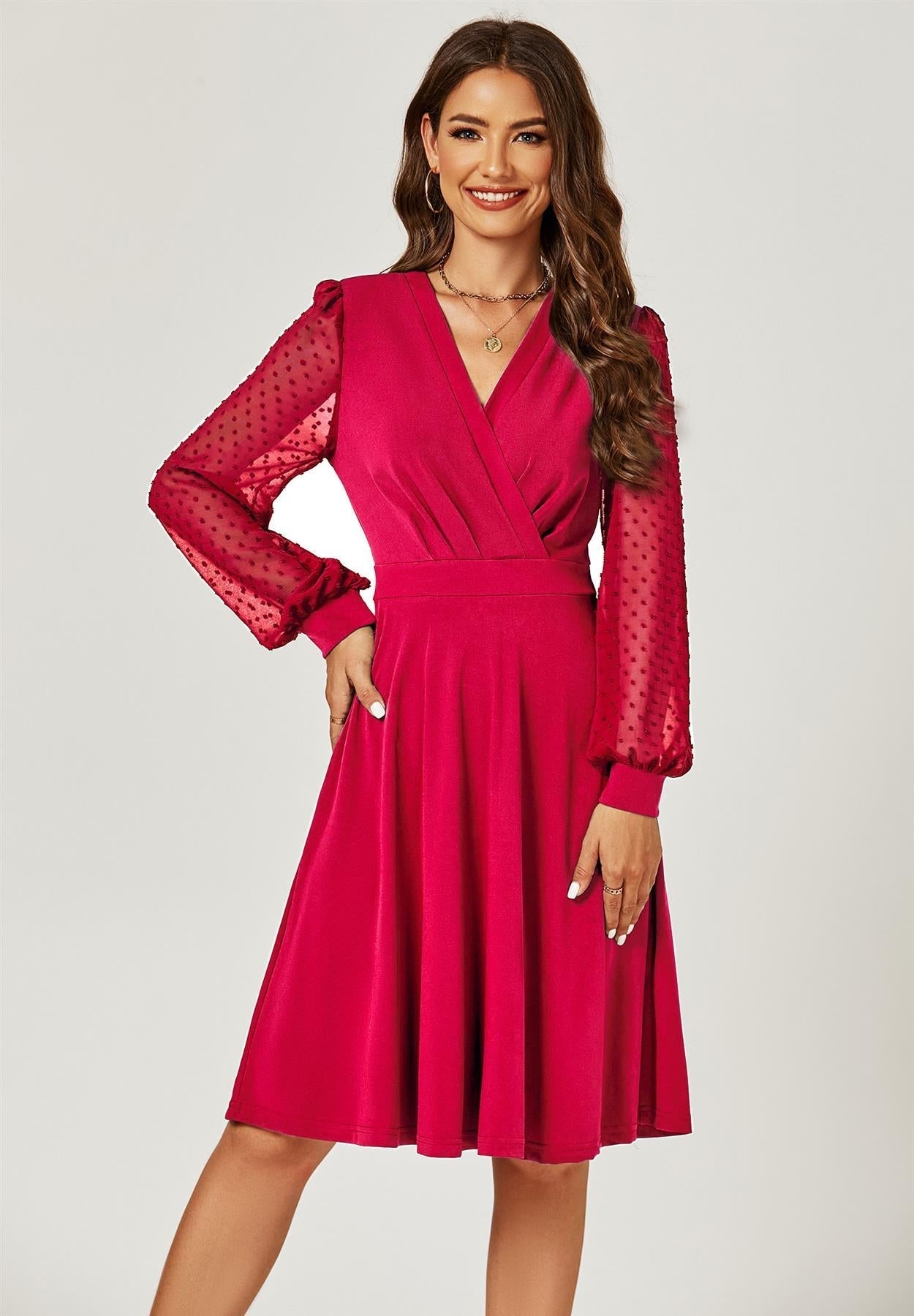 Long Chiffon Sleeve Pleated Midi Dress In Wine - AXON