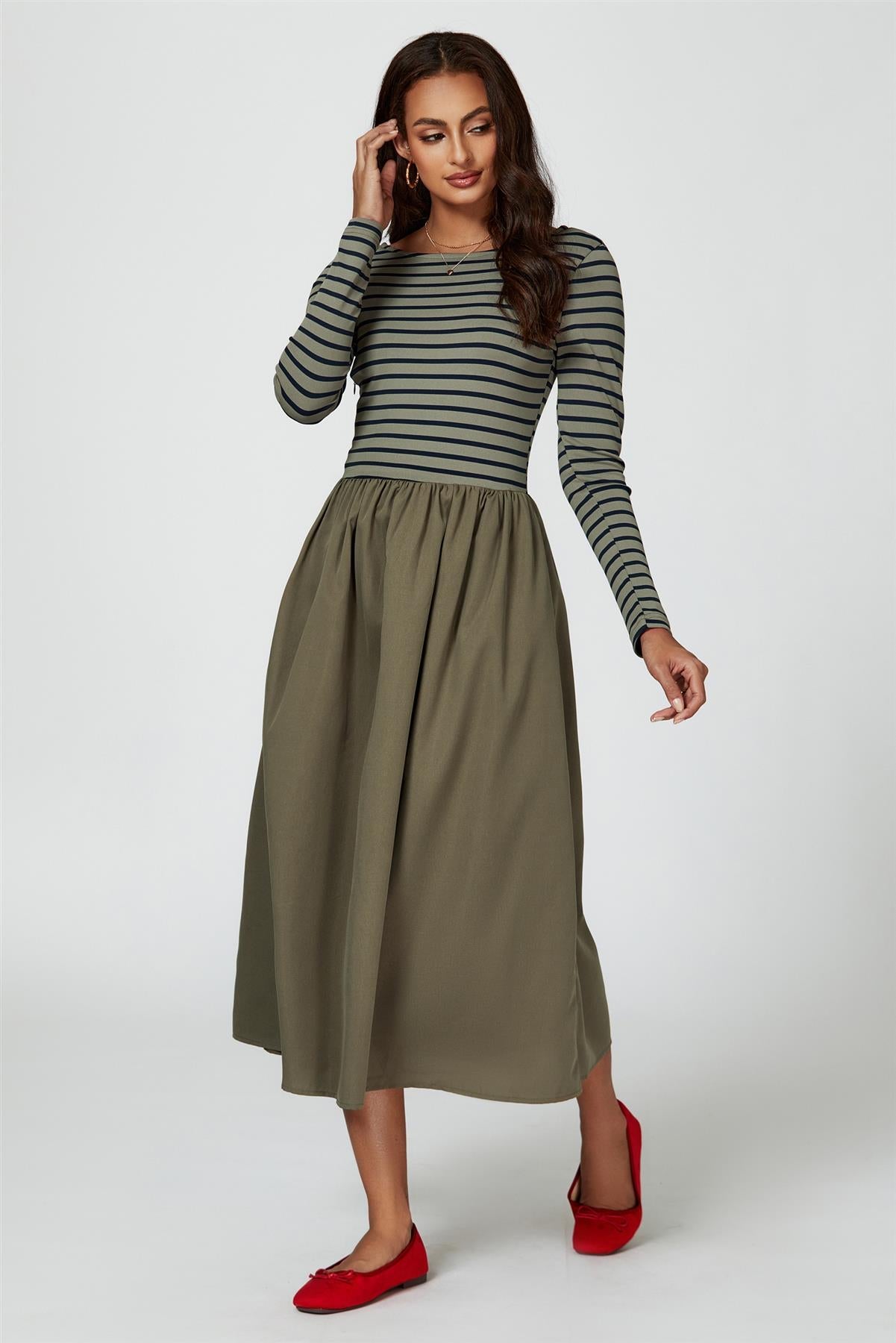Long Sleeve Stripe Midi Dress In Olive - AXON