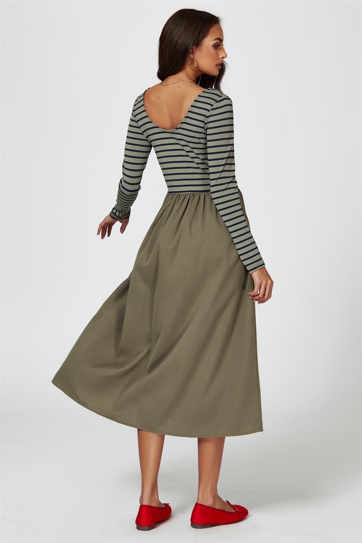 Long Sleeve Stripe Midi Dress In Olive - AXON