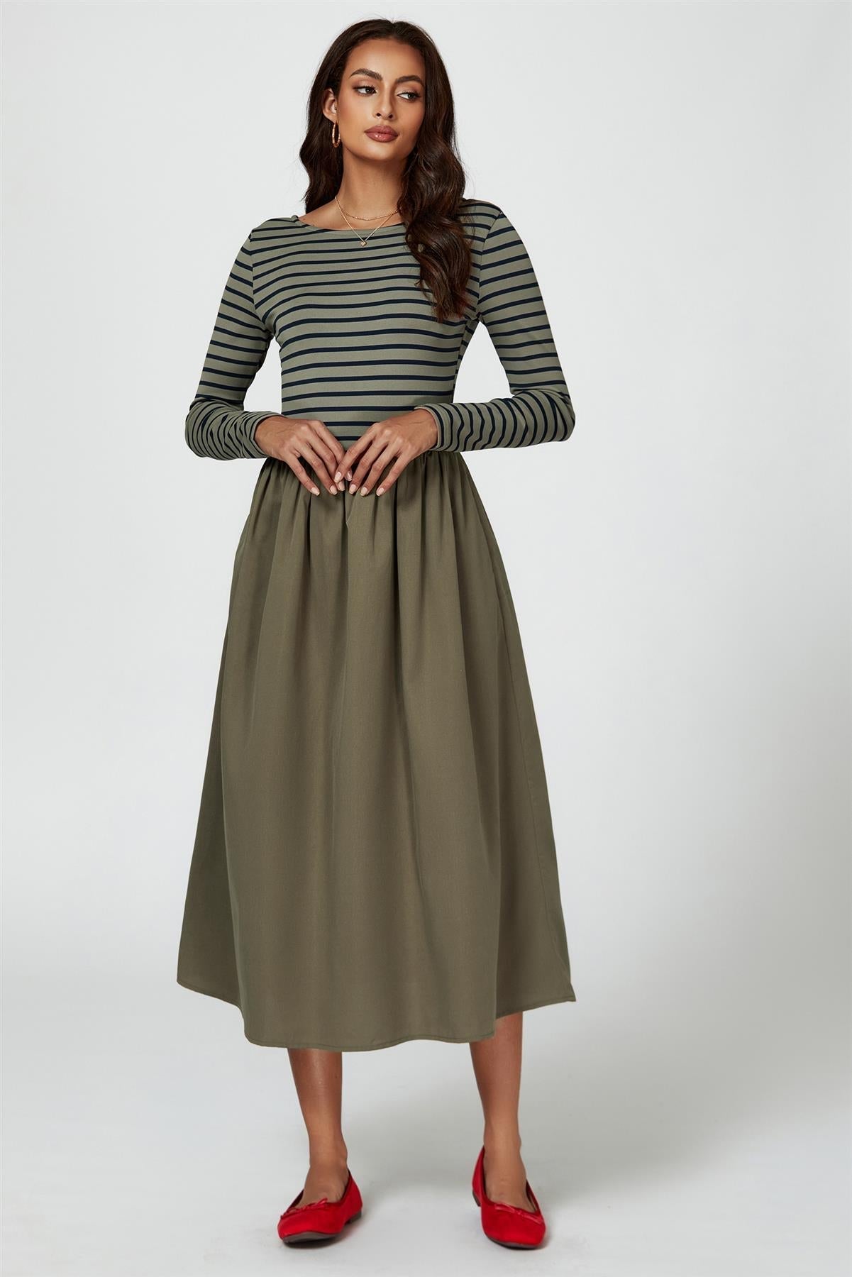 Long Sleeve Stripe Midi Dress In Olive - AXON