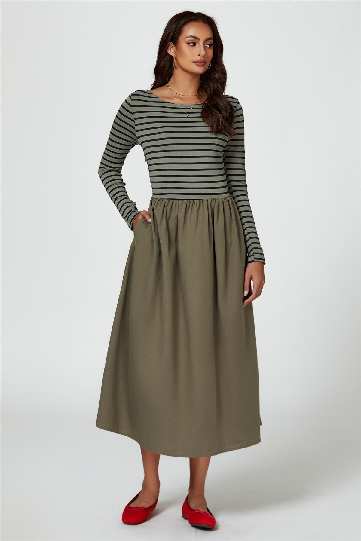 Long Sleeve Stripe Midi Dress In Olive - AXON