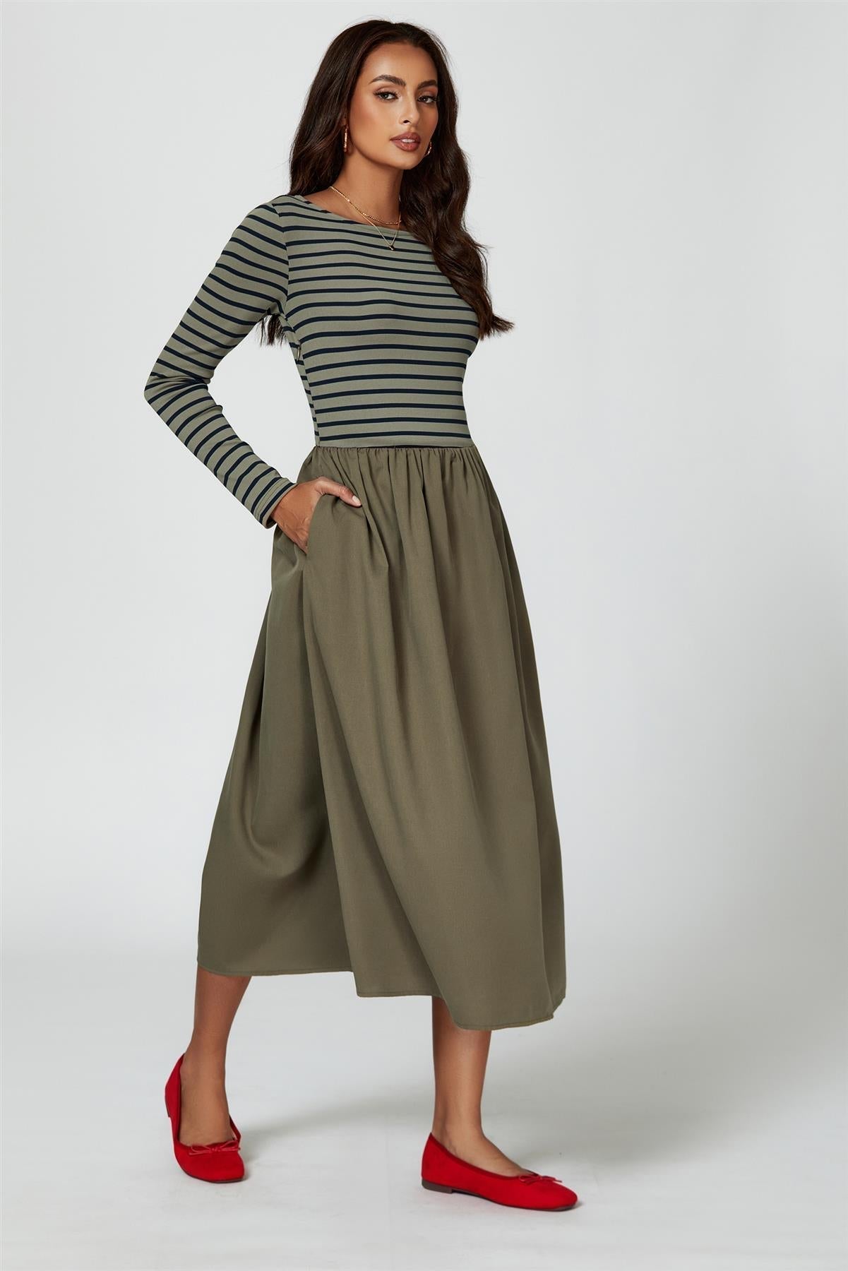 Long Sleeve Stripe Midi Dress In Olive - AXON
