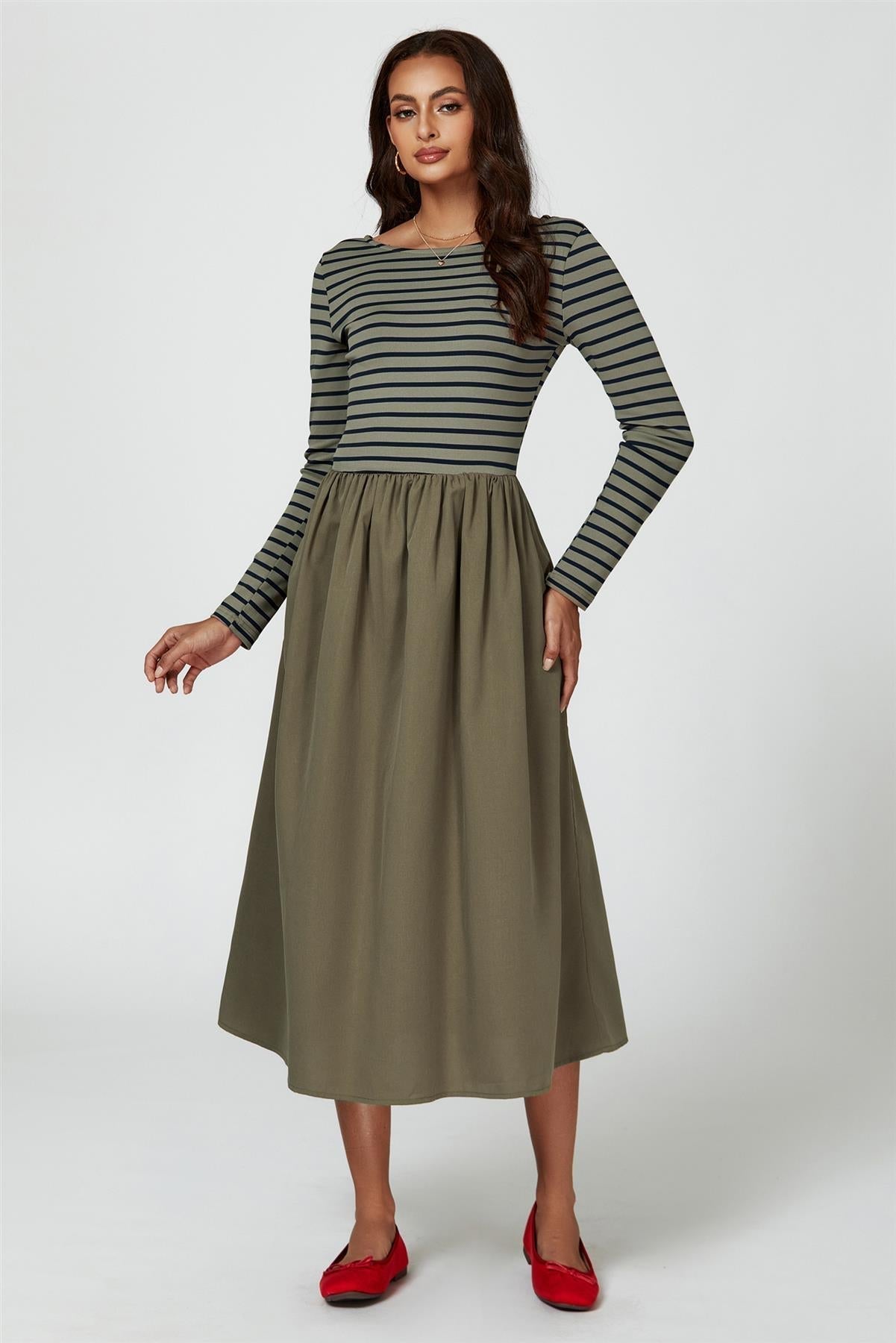 Long Sleeve Stripe Midi Dress In Olive - AXON