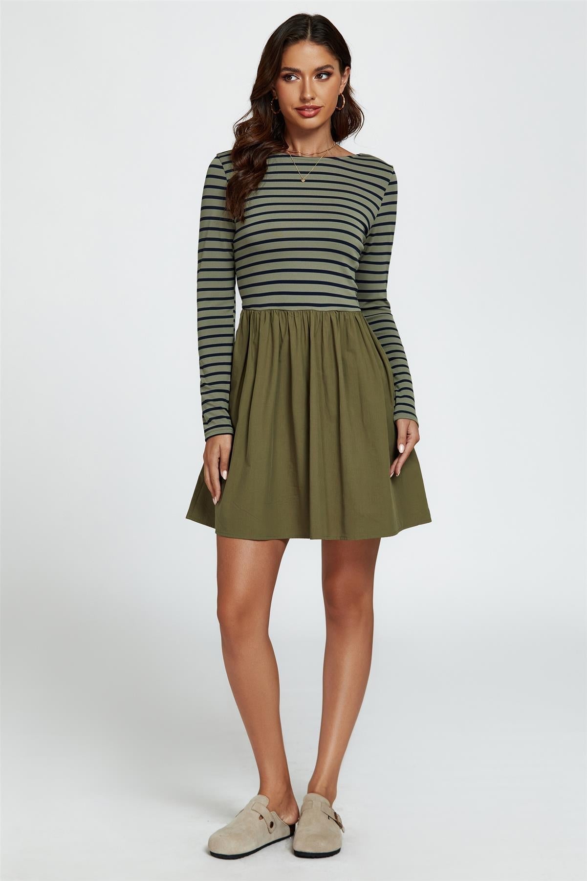 Long Sleeve Stripe Mini Dress In Olive - AXON
